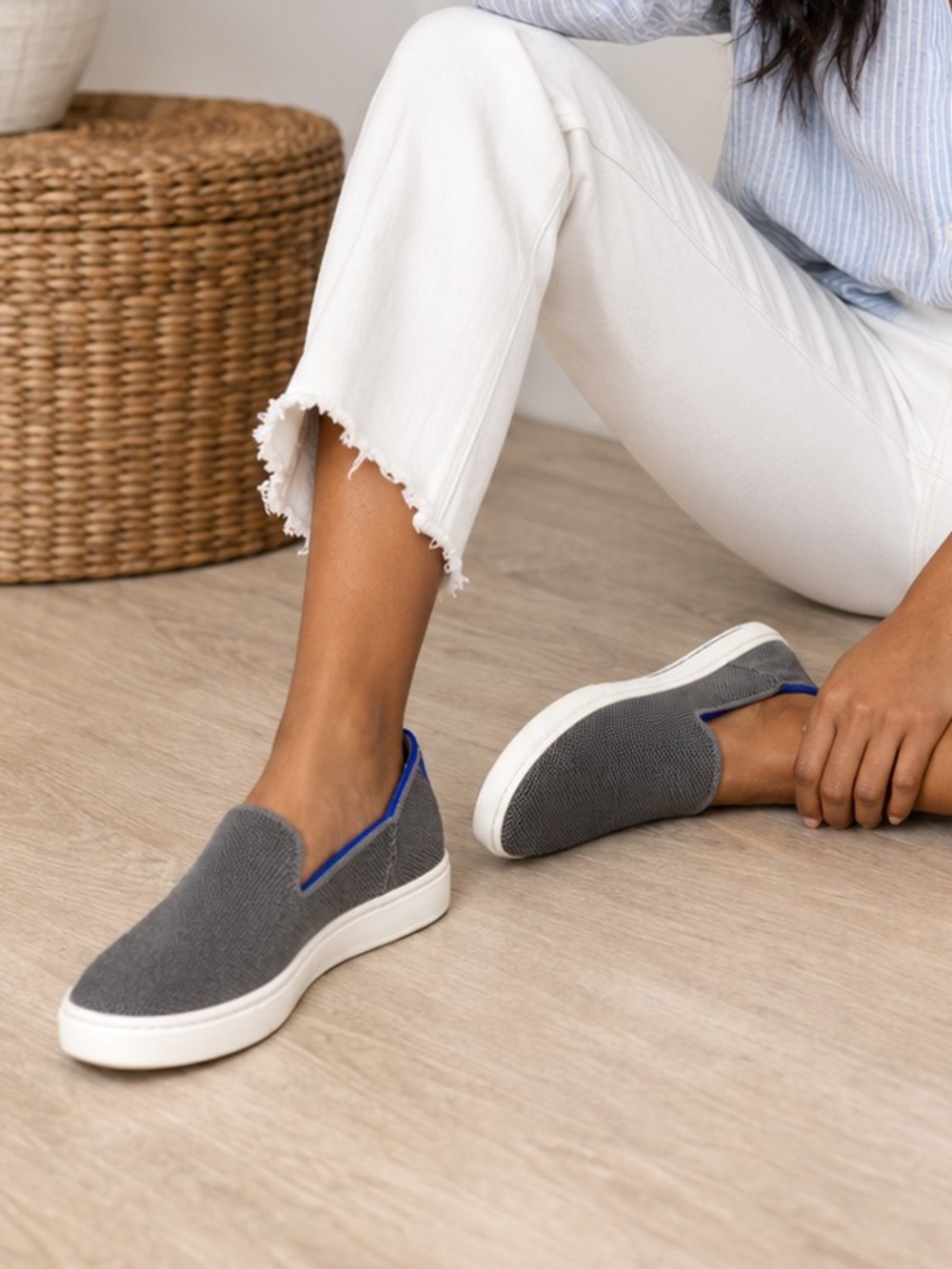 Rothy's Gray Slip-On Mules with Blue Trim